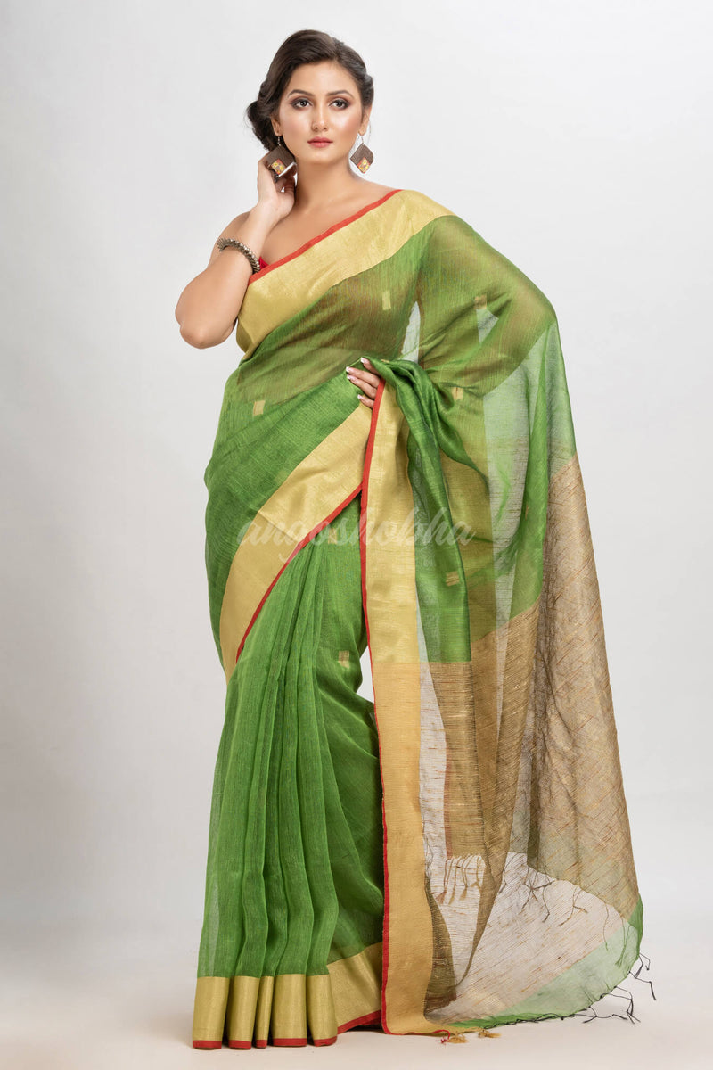 Lime green silk blend linen with  solid border jamdani saree