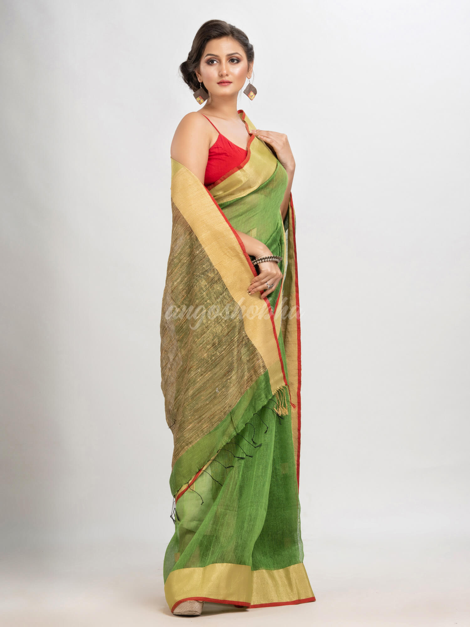 Lime green silk blend linen with  solid border jamdani saree