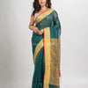 Dark teal silk blend linen with  solid border jamdani saree