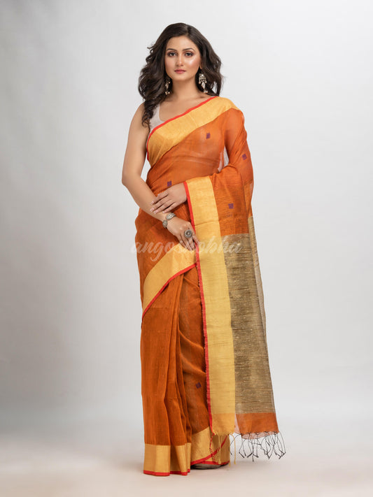 Russet silk blend linen with  solid border jamdani saree