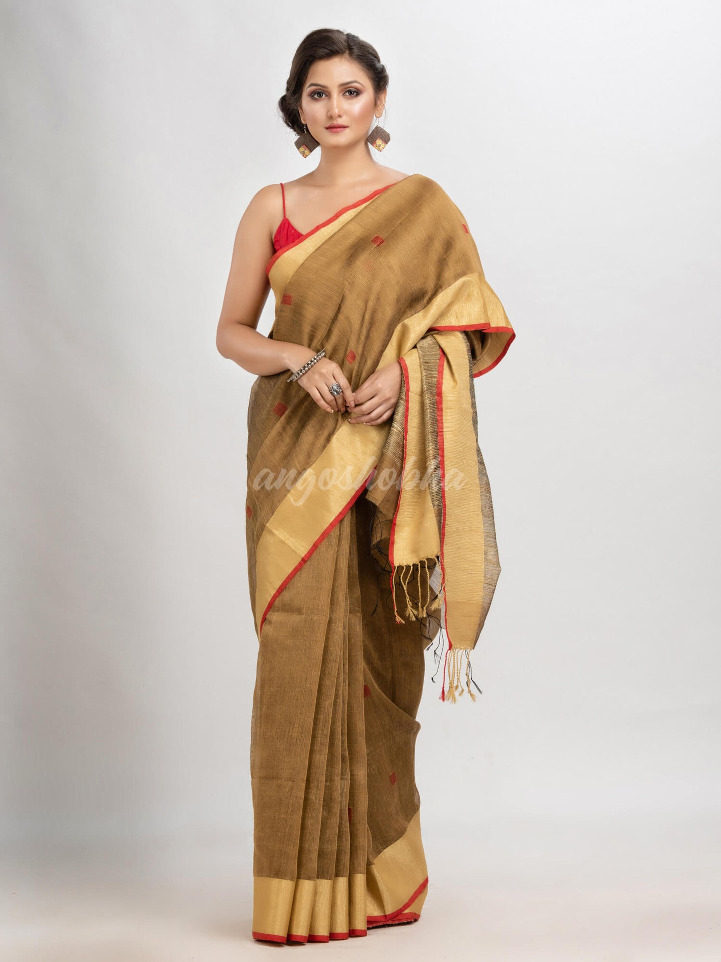 Muga silk blend linen with  solid border jamdani saree