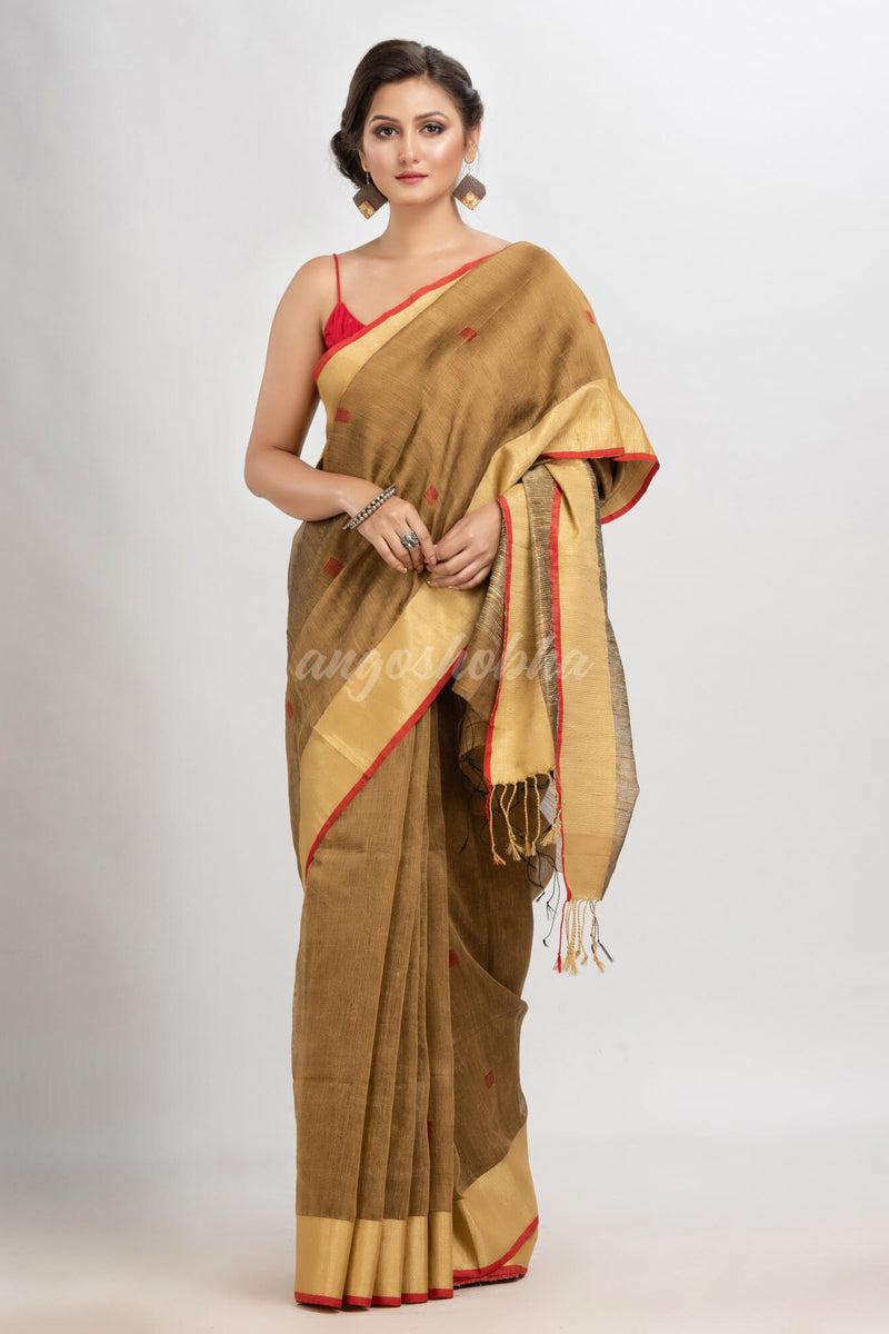 Muga silk blend linen with  solid border jamdani saree