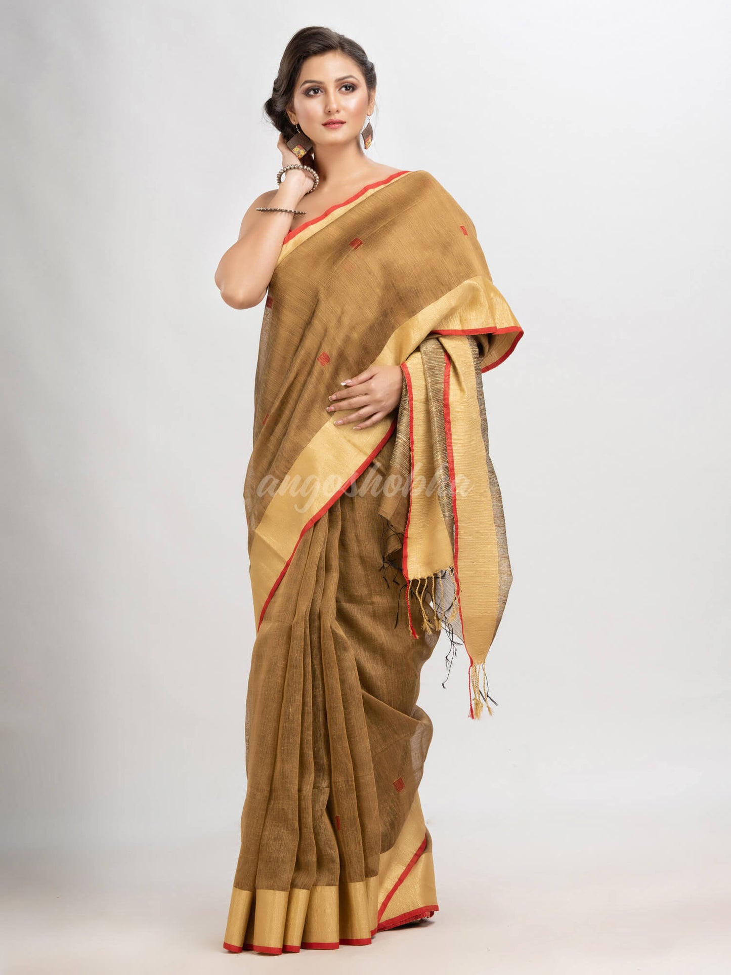 Muga silk blend linen with  solid border jamdani saree