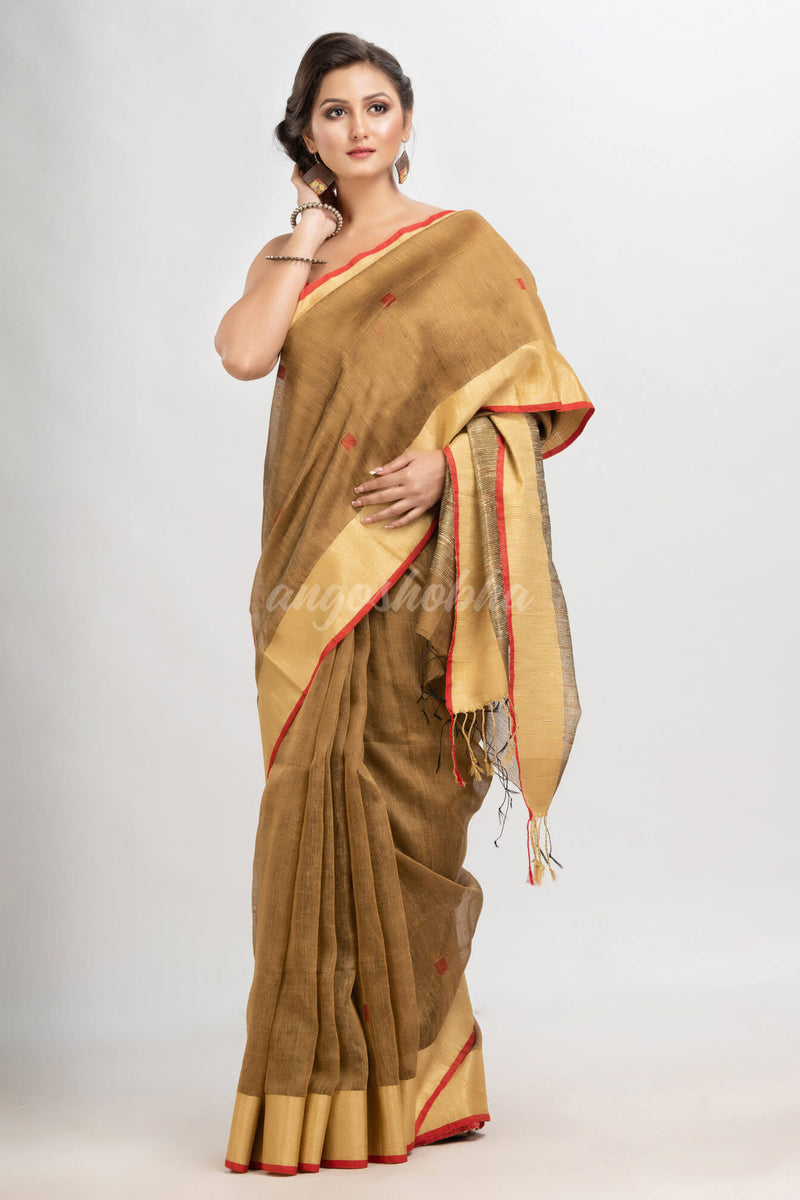 Muga silk blend linen with  solid border jamdani saree