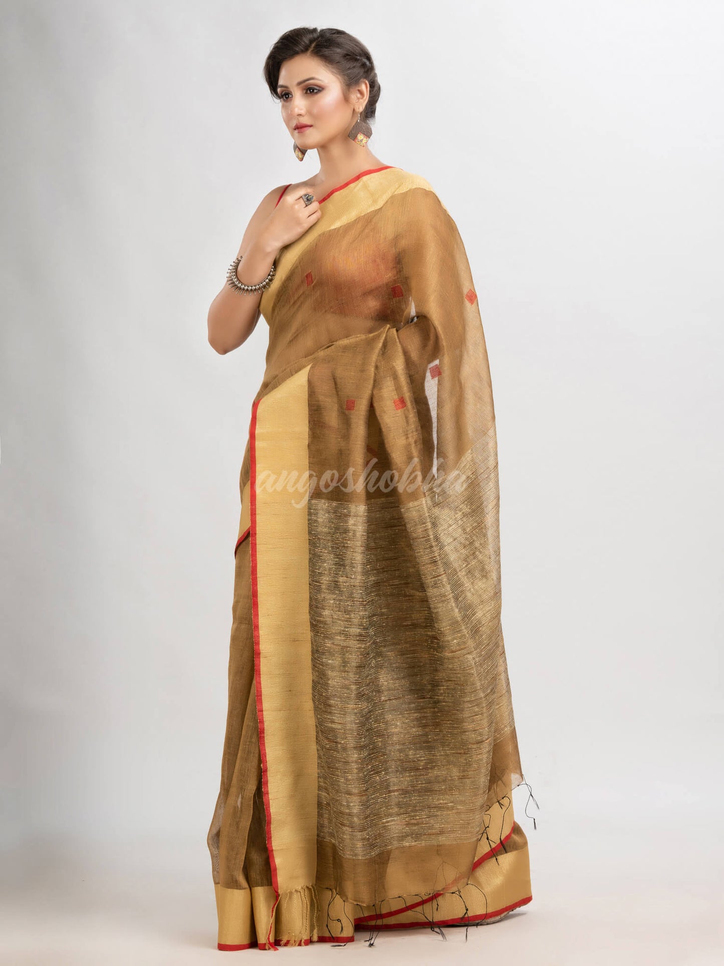 Muga silk blend linen with  solid border jamdani saree