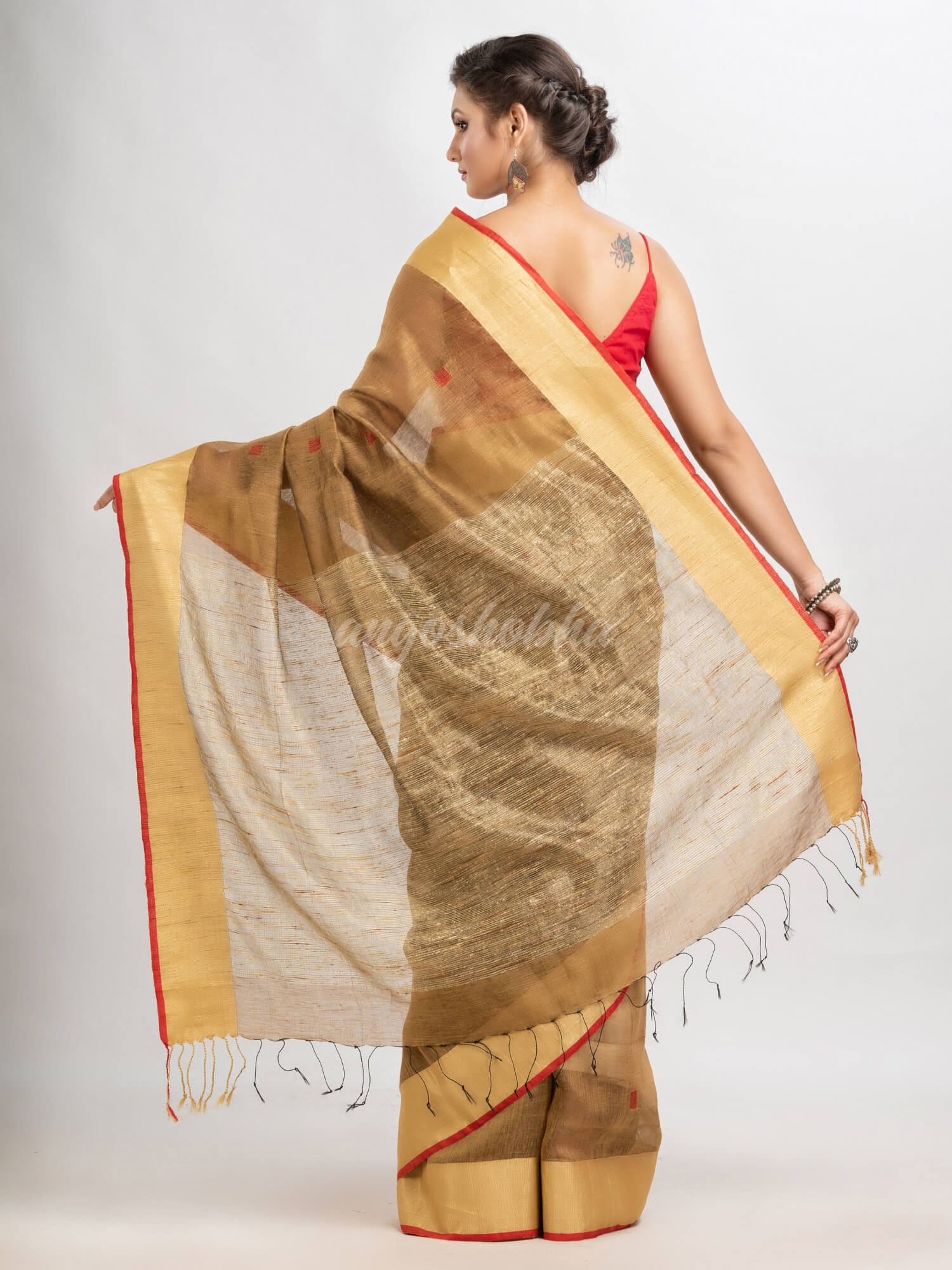 Muga silk blend linen with  solid border jamdani saree
