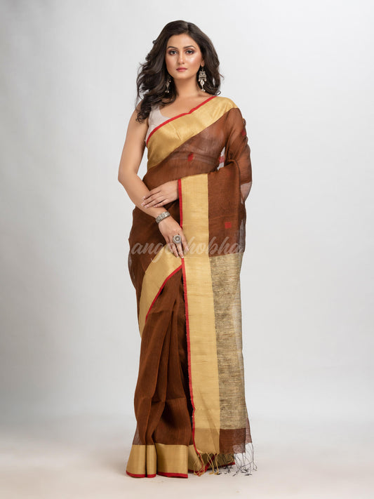 Dark coffee silk blend linen with  solid border jamdani saree