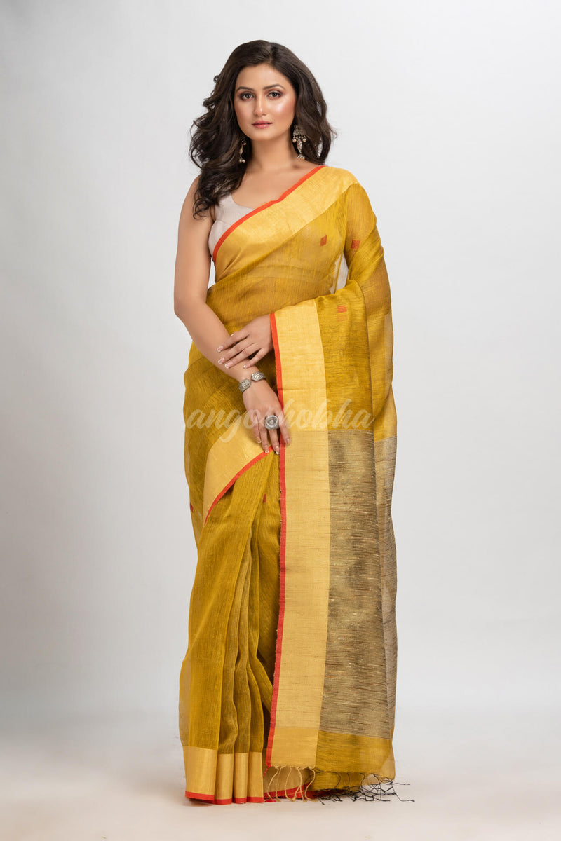 Mustard silk blend linen with  solid border jamdani saree