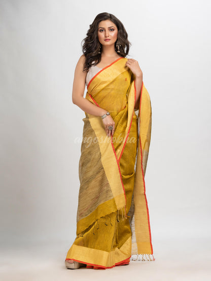 Mustard silk blend linen with  solid border jamdani saree