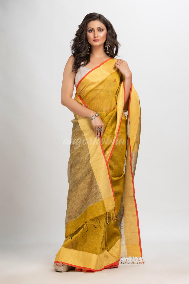 Mustard silk blend linen with  solid border jamdani saree