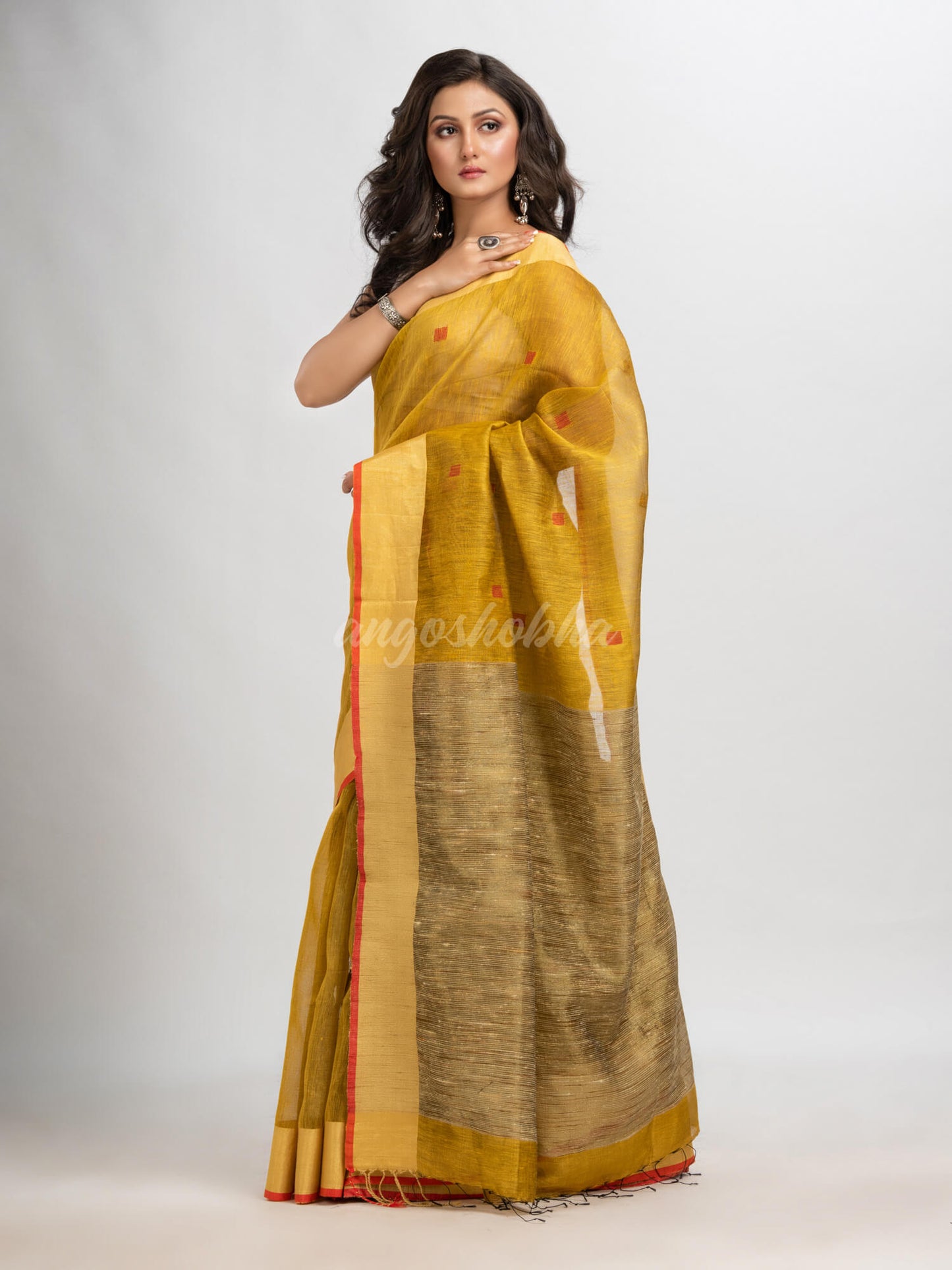 Mustard silk blend linen with  solid border jamdani saree