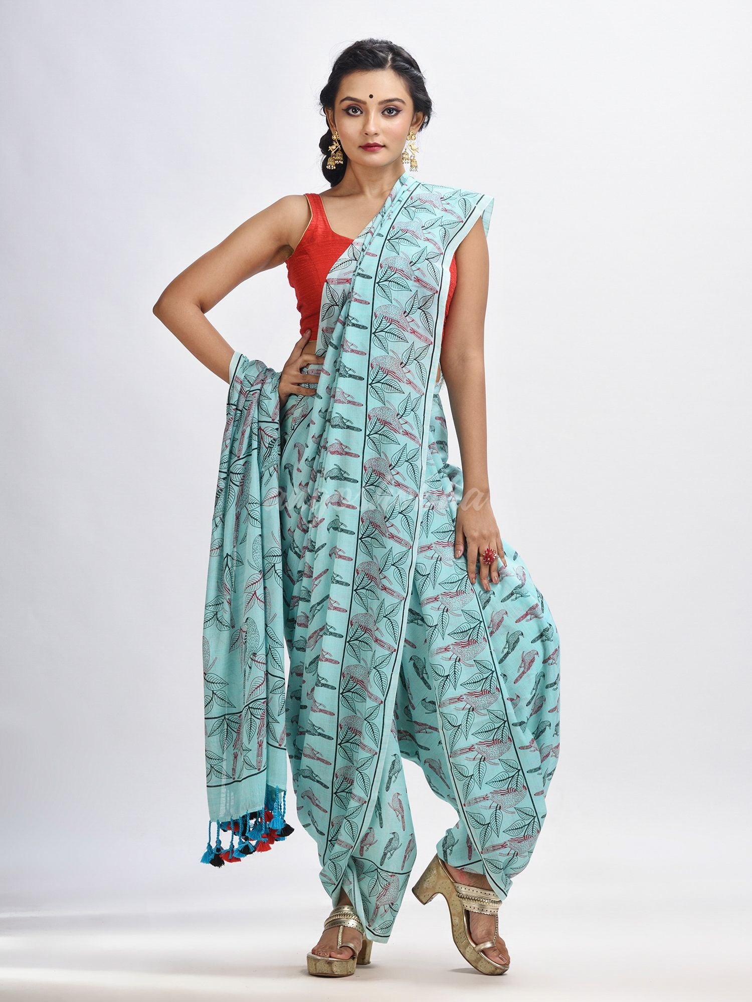 Sky blue cotton birds Printed Saree- angoshobha 