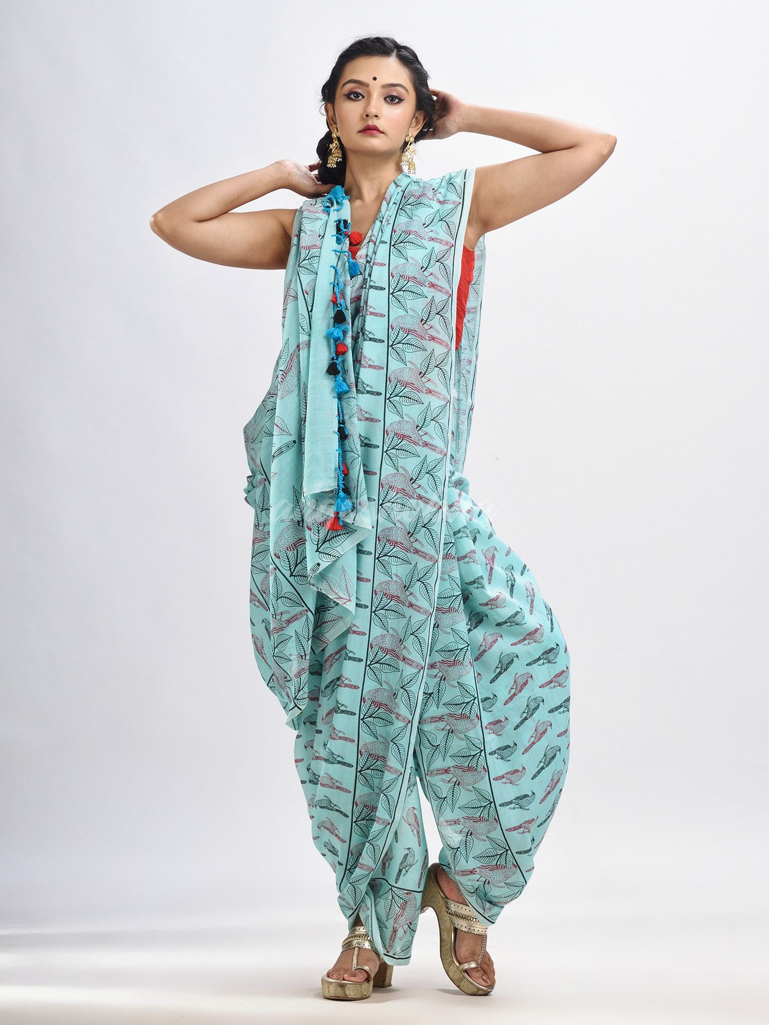 Sky blue cotton birds Printed Saree- angoshobha 