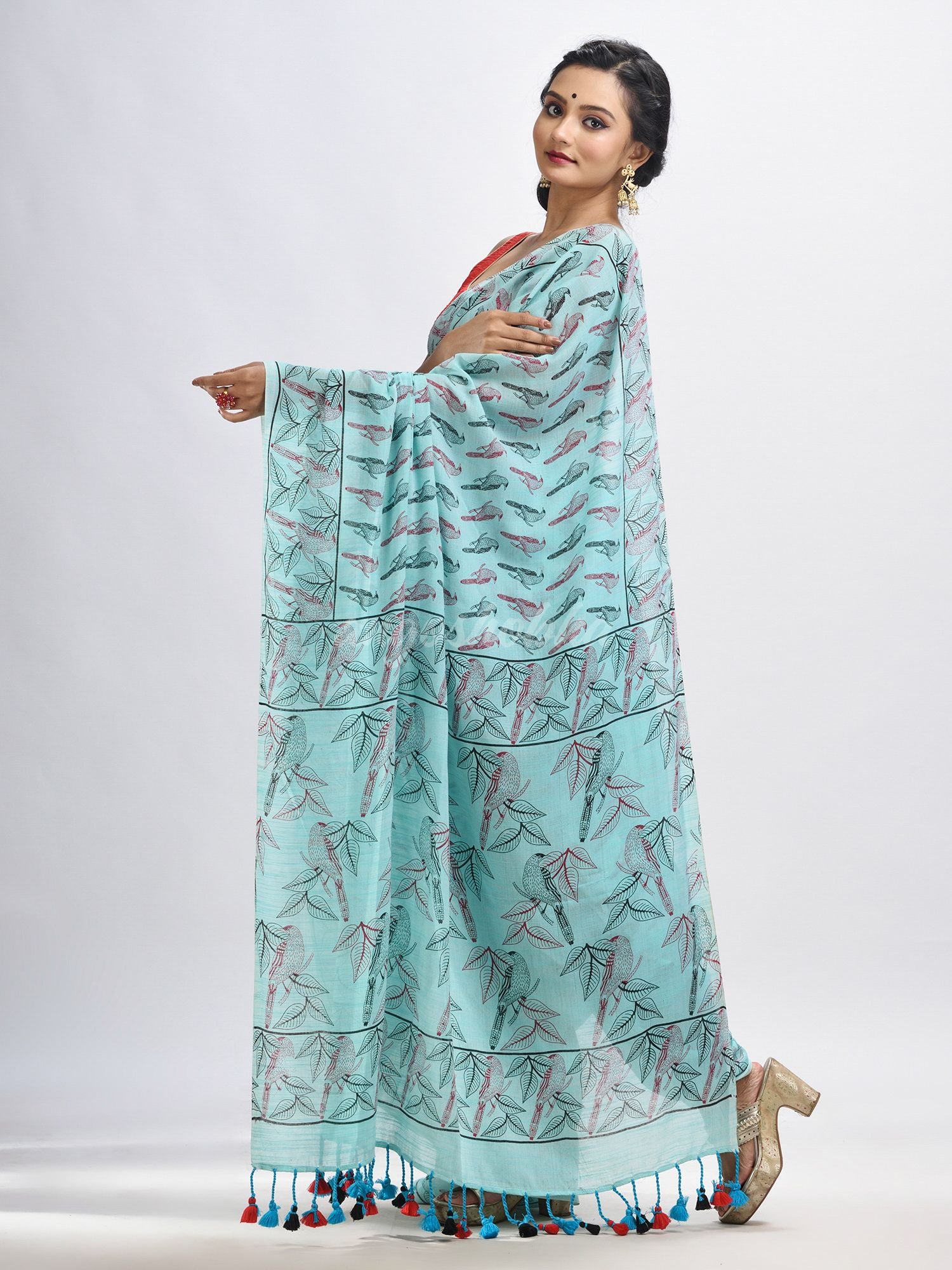 Sky blue cotton birds Printed Saree- angoshobha 