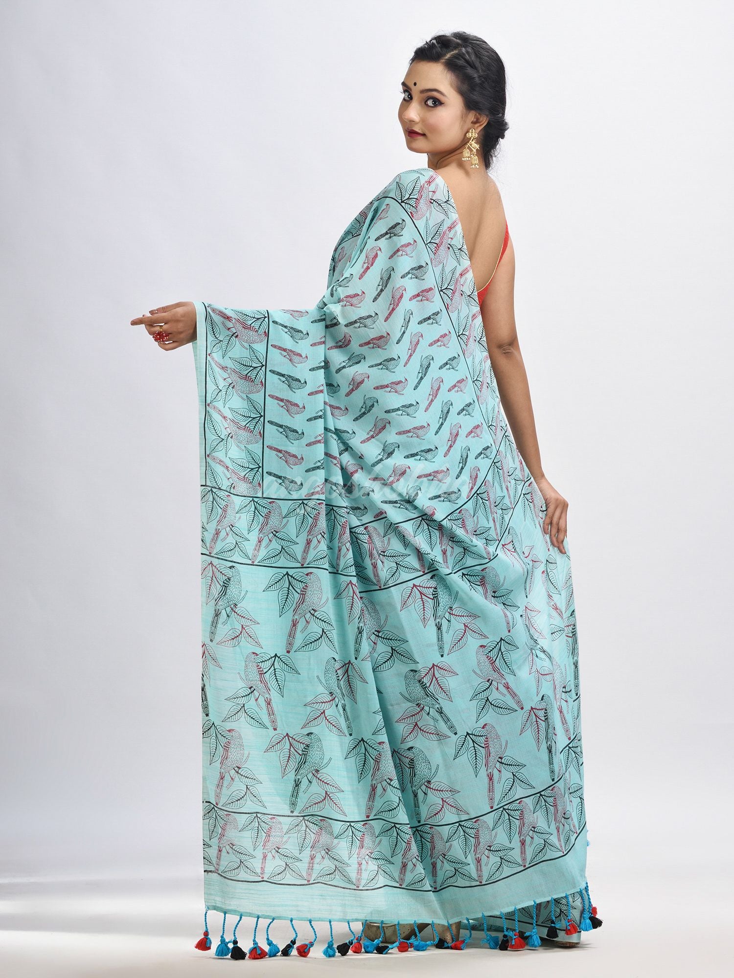 Sky blue cotton birds Printed Saree- angoshobha 