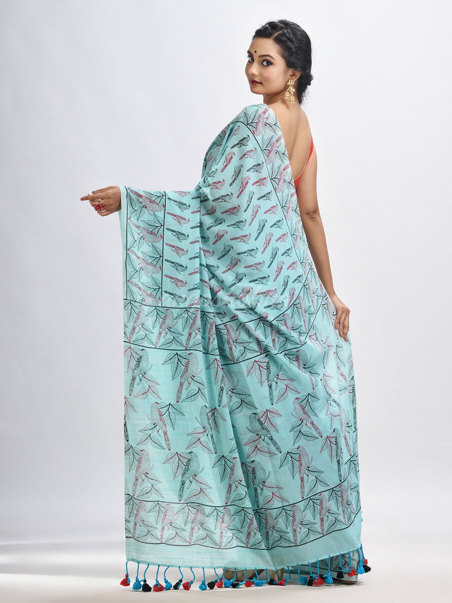 Sky blue cotton birds Printed Saree- angoshobha 