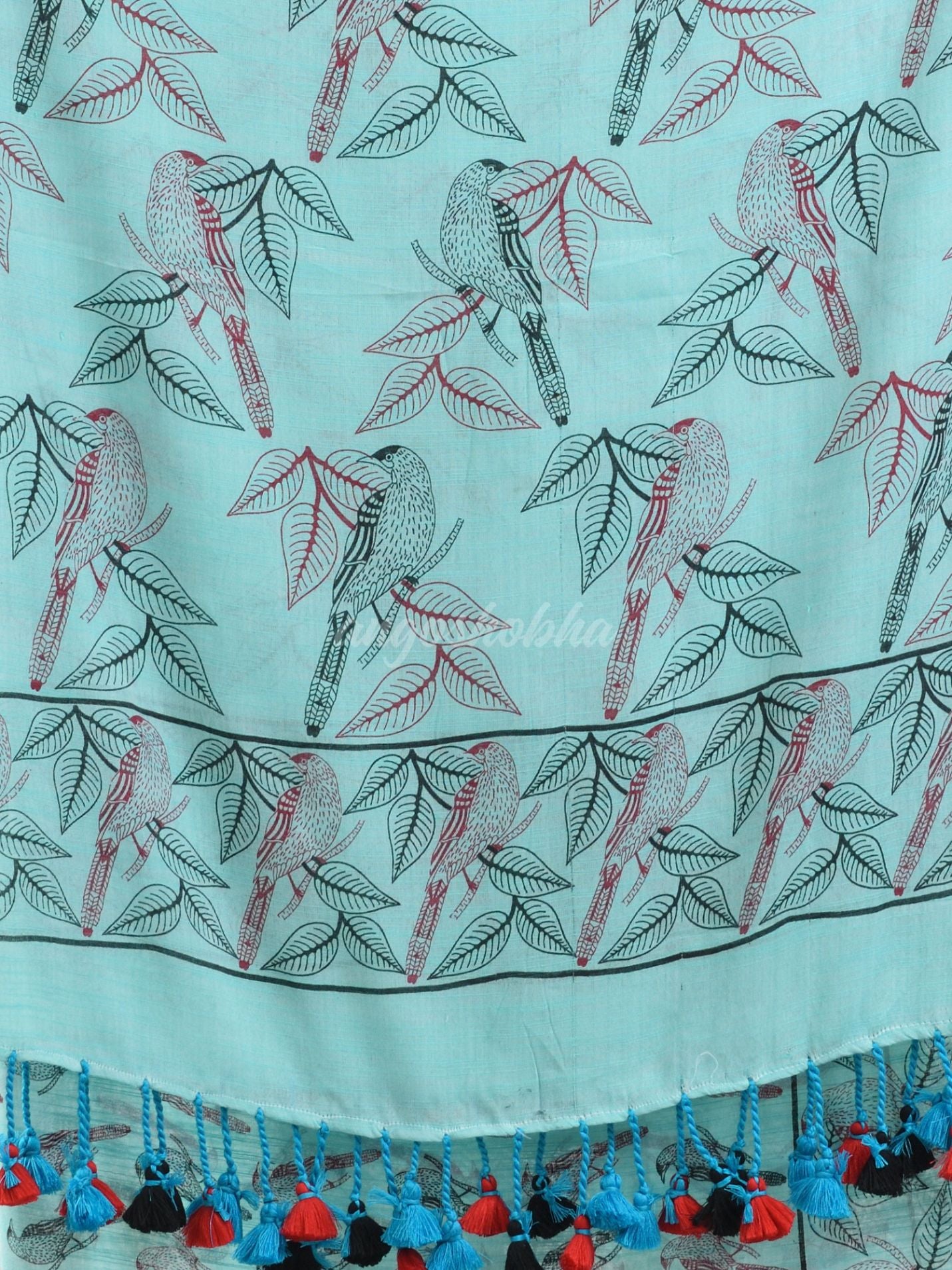 Sky blue cotton birds Printed Saree- angoshobha 