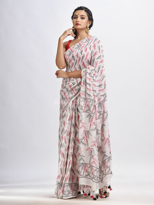 White cotton birds Printed Saree