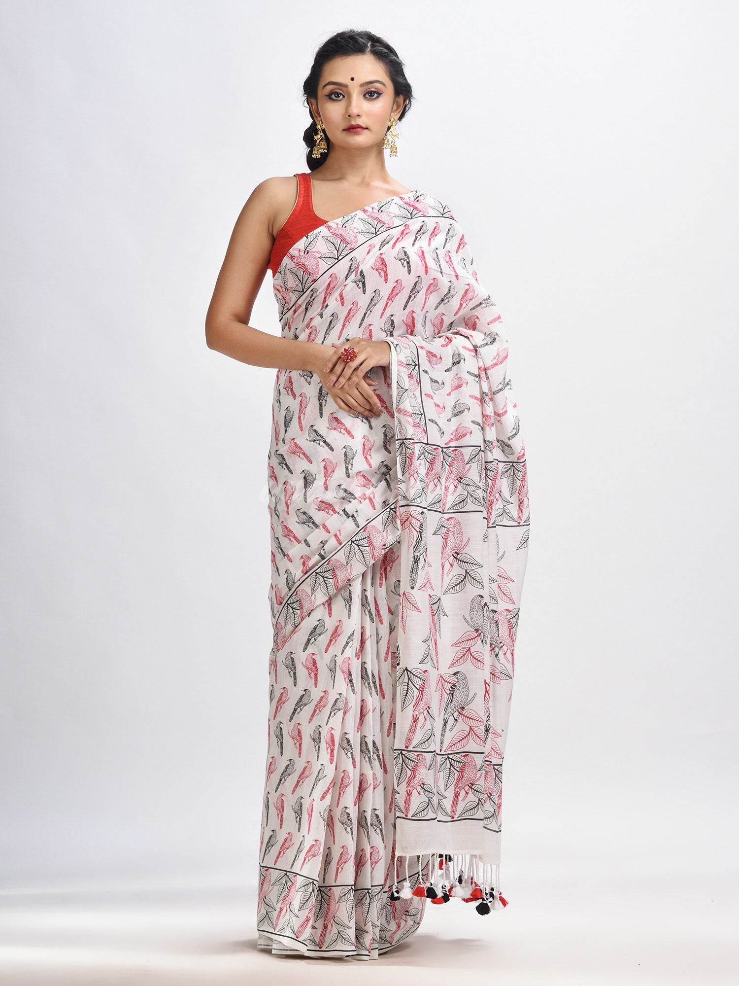 White cotton birds Printed Saree-angoshobha