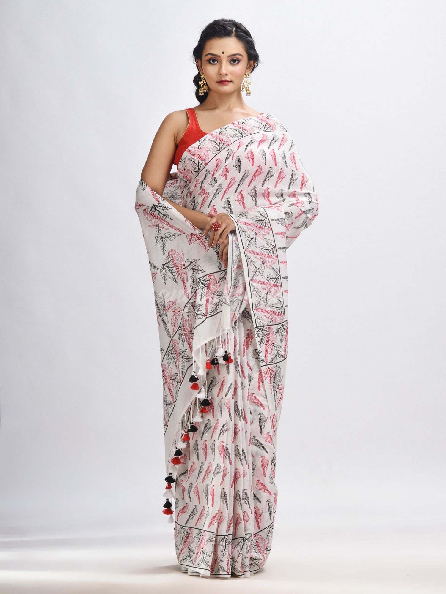White cotton birds Printed Saree-angoshobha