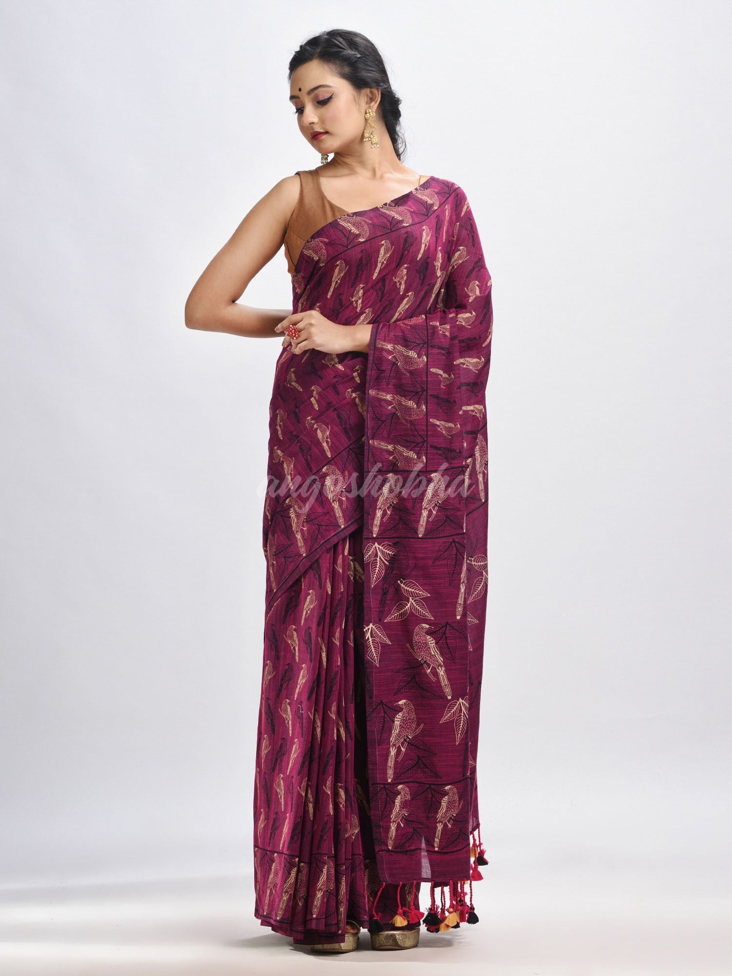 Maroon cotton birds Printed Handloom Saree- angoshobha 