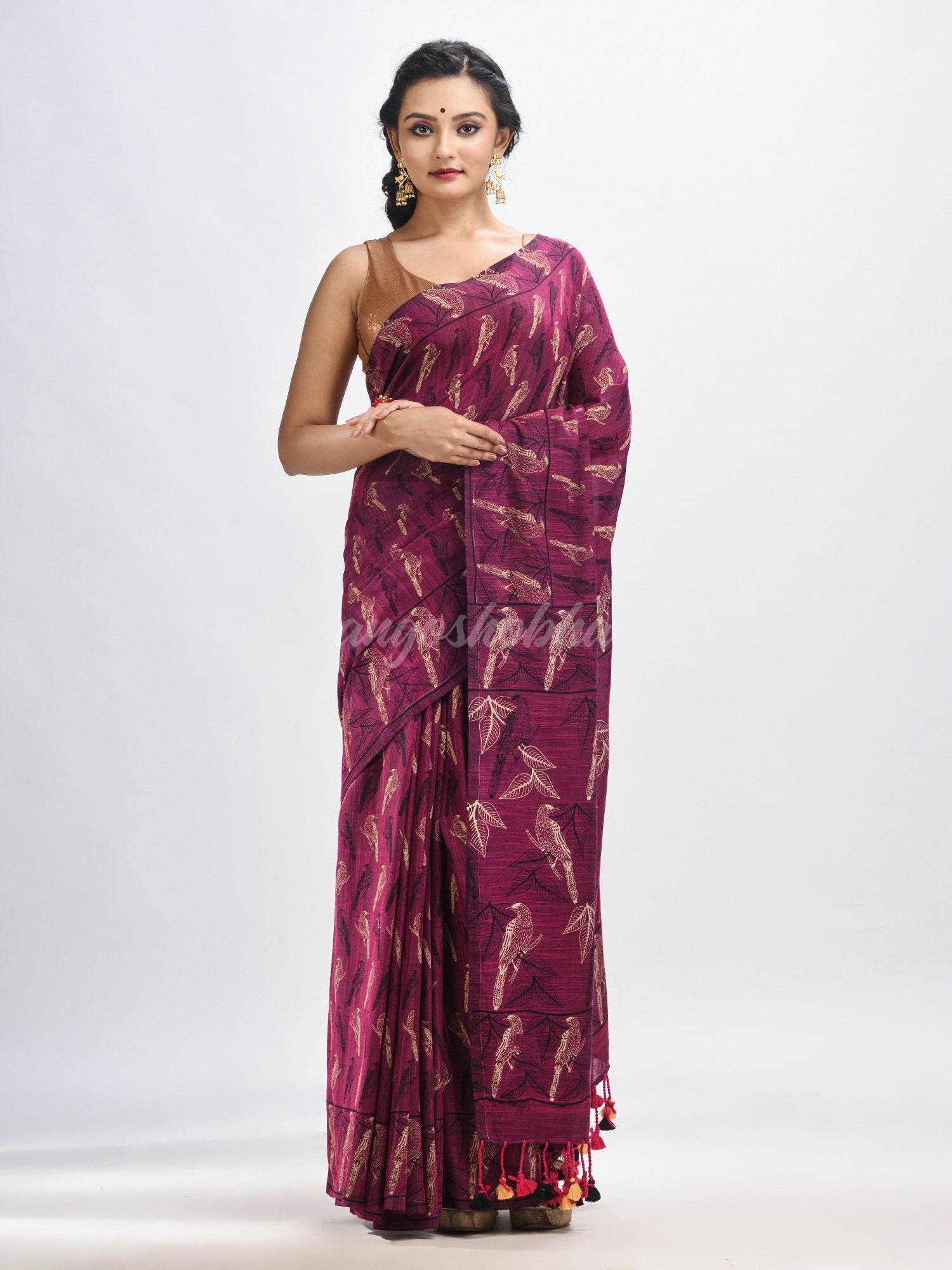 Maroon cotton birds Printed Handloom Saree- angoshobha 