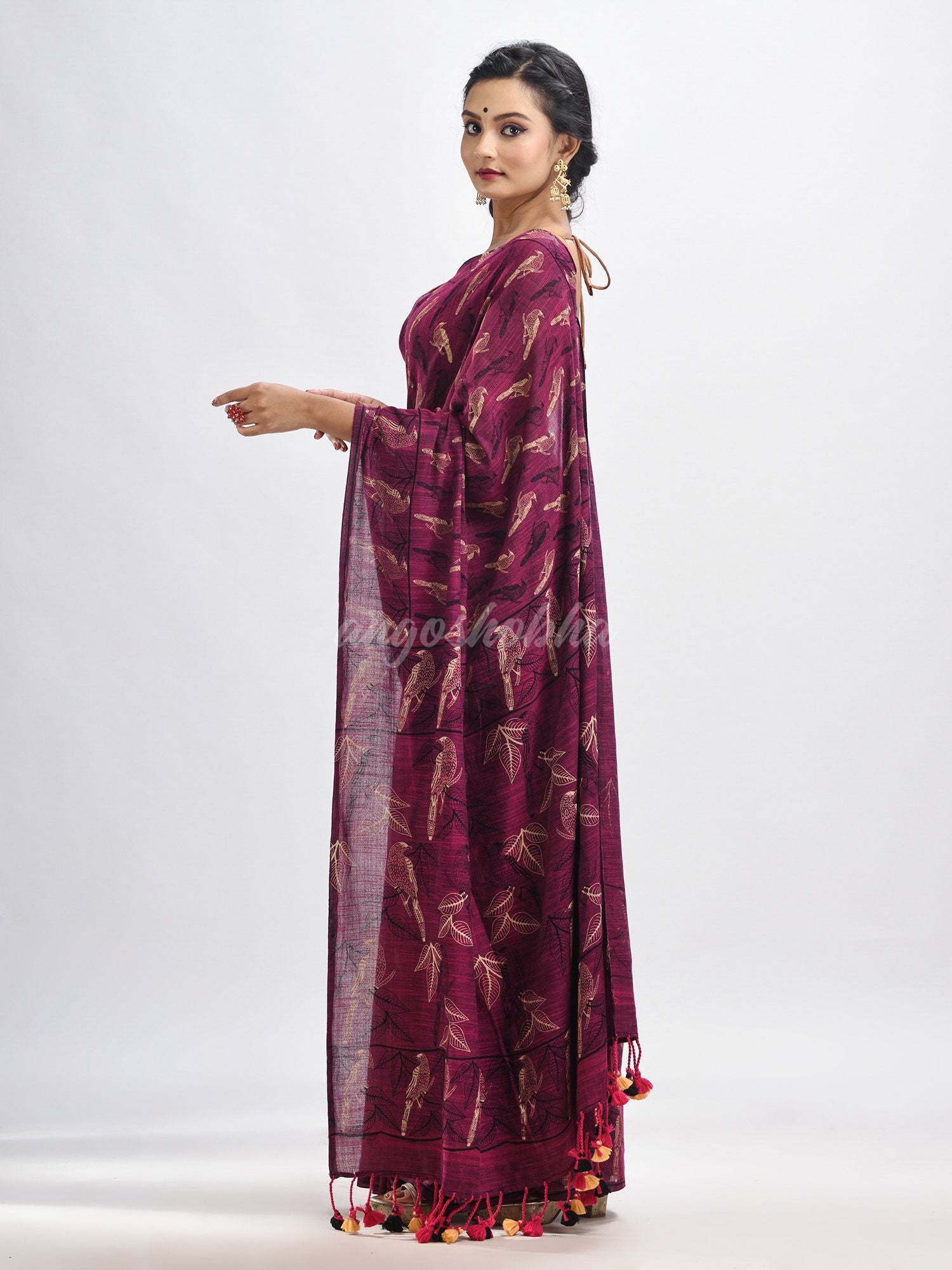 Maroon cotton birds Printed Handloom Saree- angoshobha 