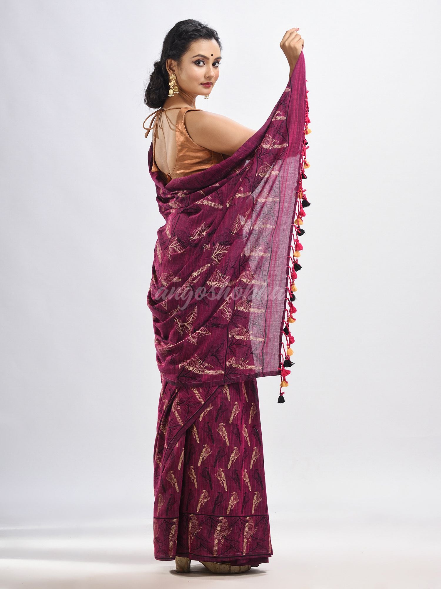 Maroon cotton birds Printed Handloom Saree- angoshobha 