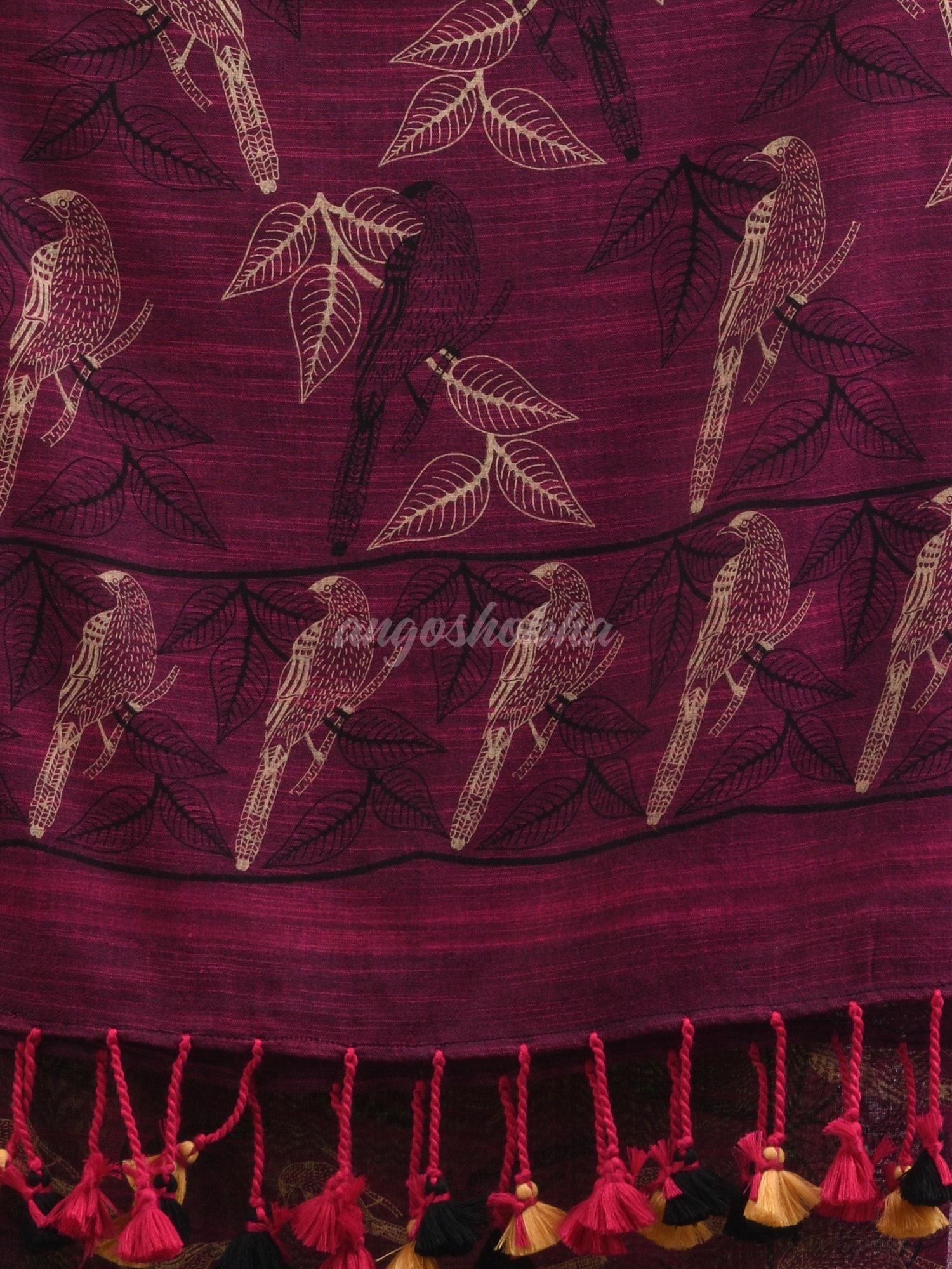 Maroon cotton birds Printed Handloom Saree- angoshobha 