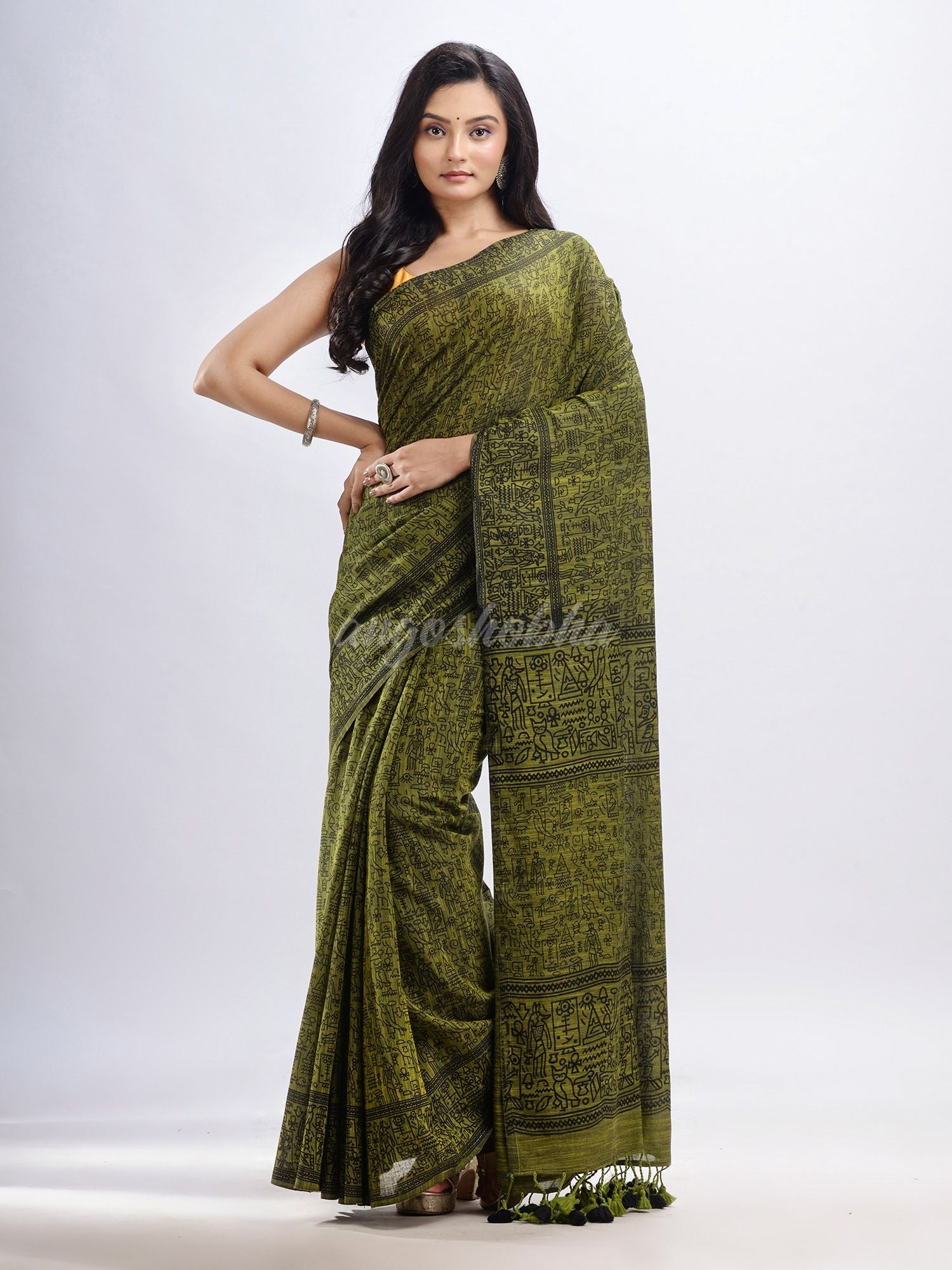 Pista cotton dolls Printed Saree- angoshobha 