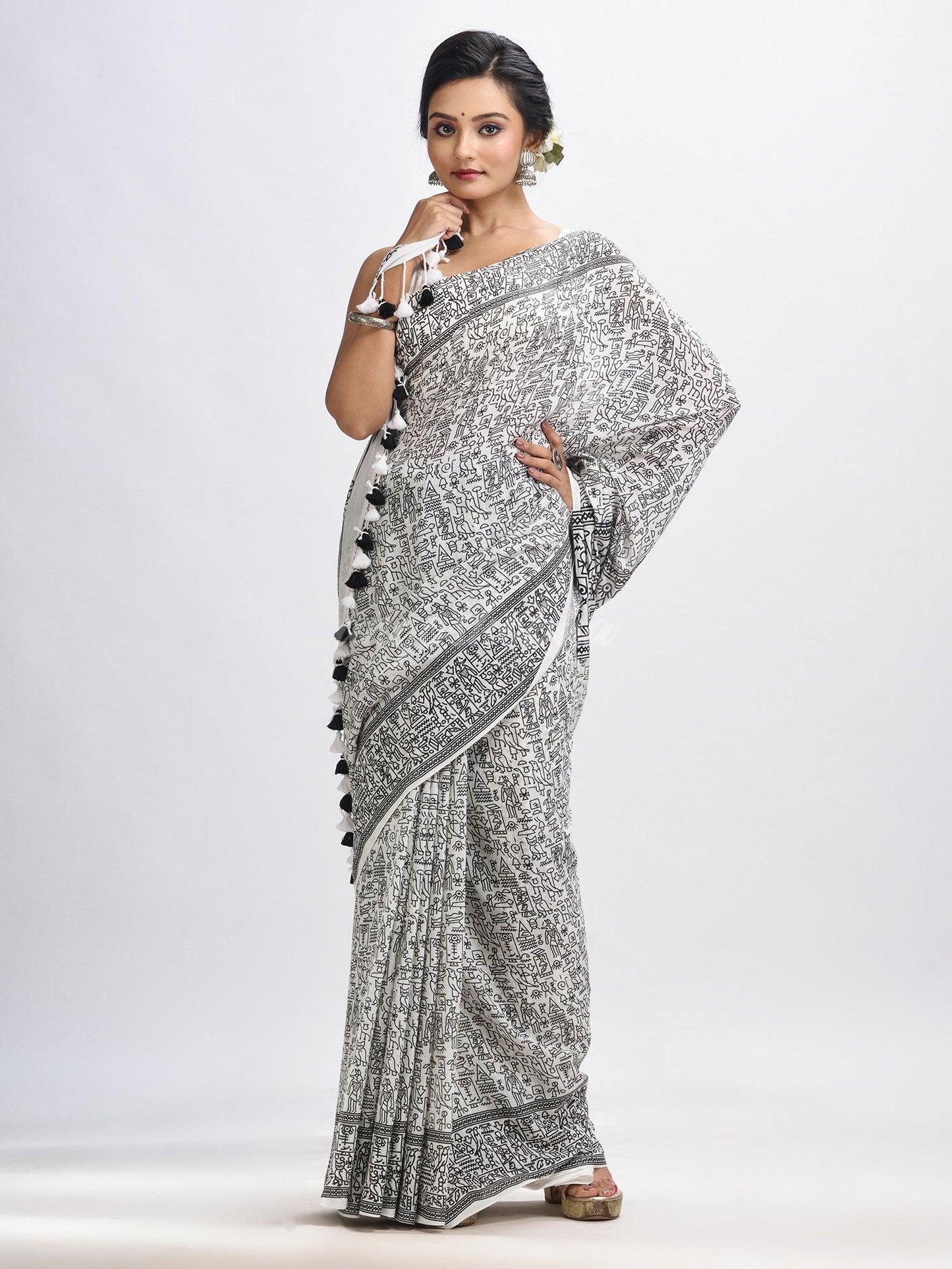  White cotton dolls Printed Saree- angoshobha 