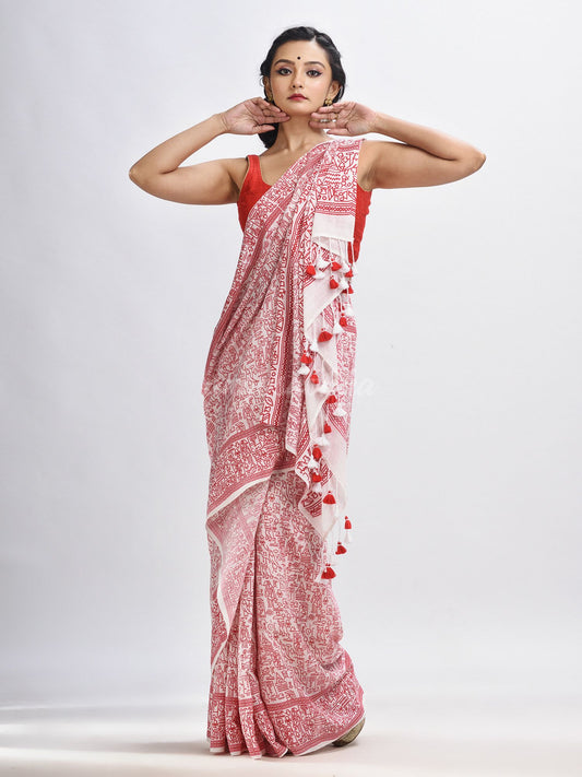 Red cotton dolls Printed Saree