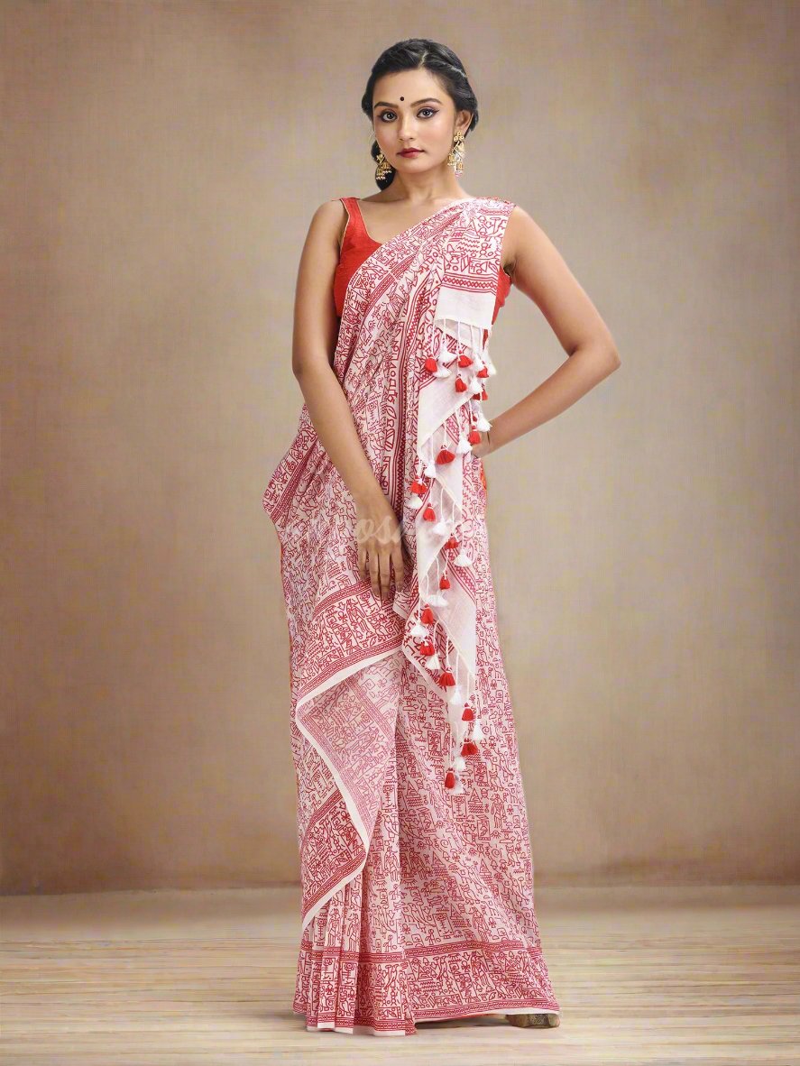 Red cotton dolls Printed Saree