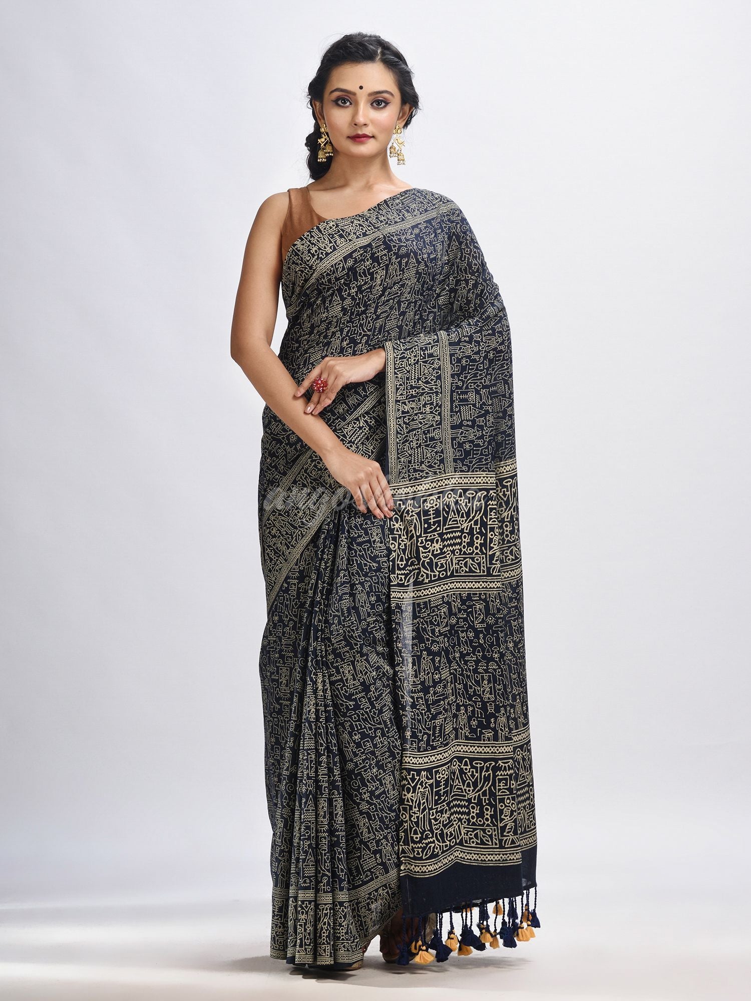 Nevy blue cotton dolls Printed Saree