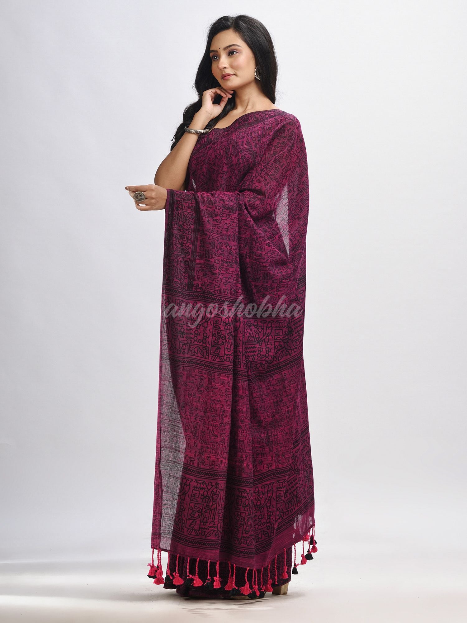 Magenta cotton dolls Printed Saree