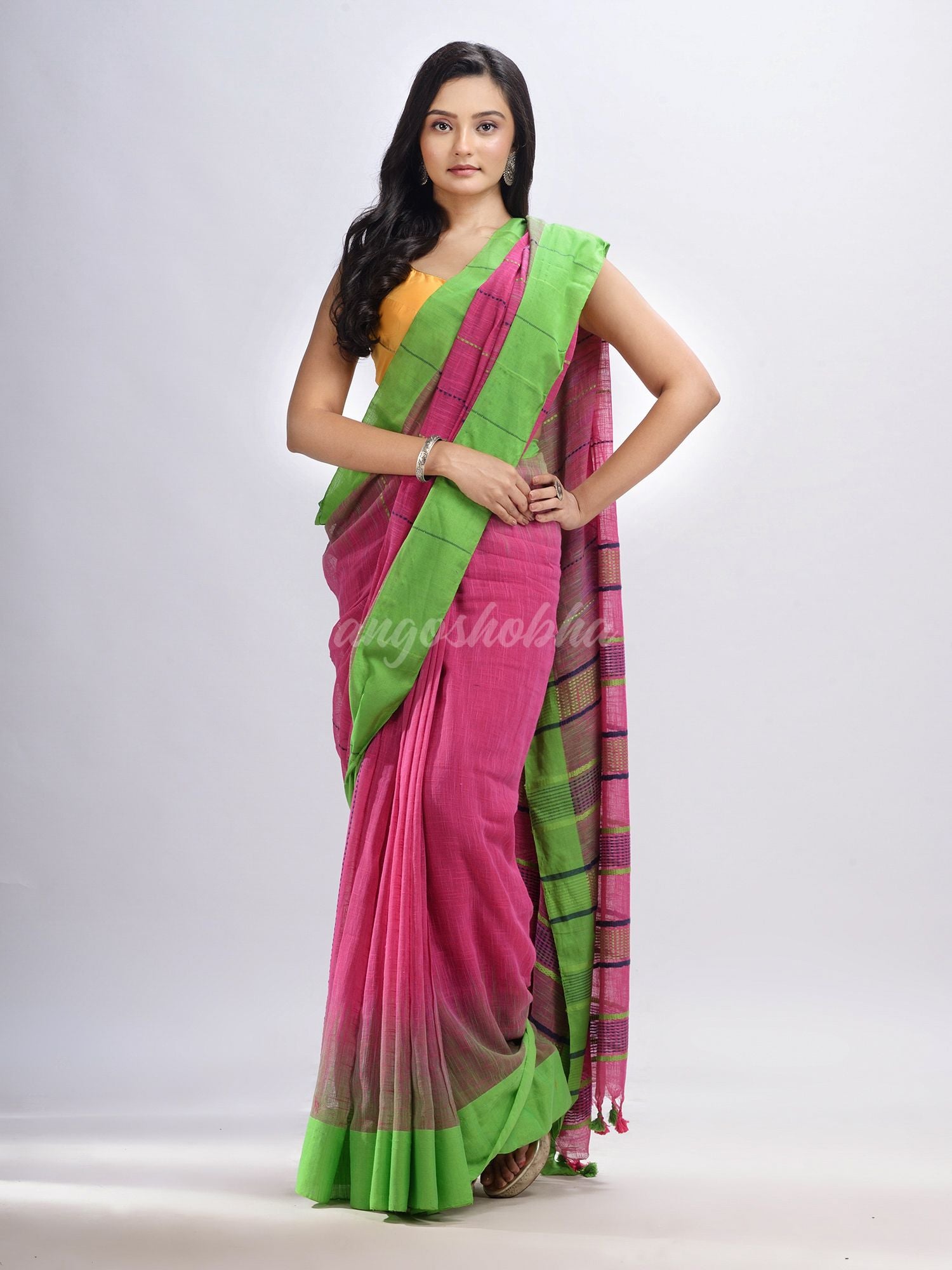 Pink cotton tai dai with solid broder in multi colour pallu hondwaven saree