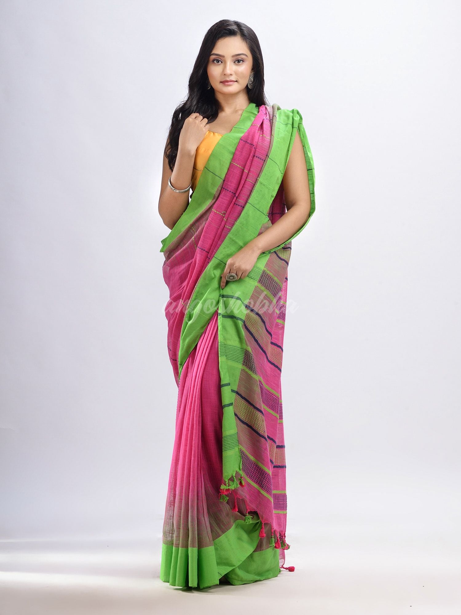 Pink cotton tai dai with solid broder in multi colour pallu hondwaven saree