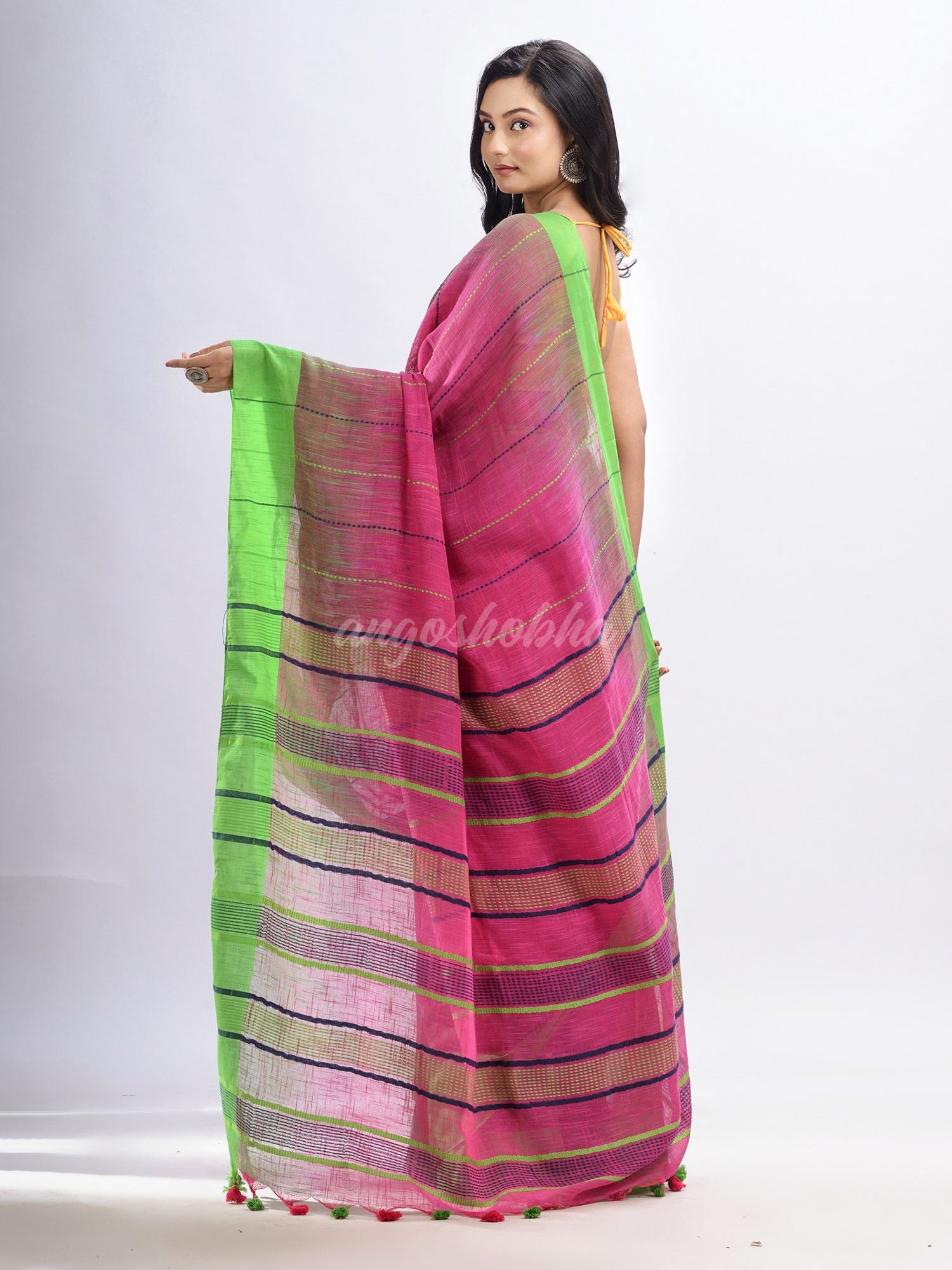 Pink cotton tai dai with solid broder in multi colour pallu hondwaven saree