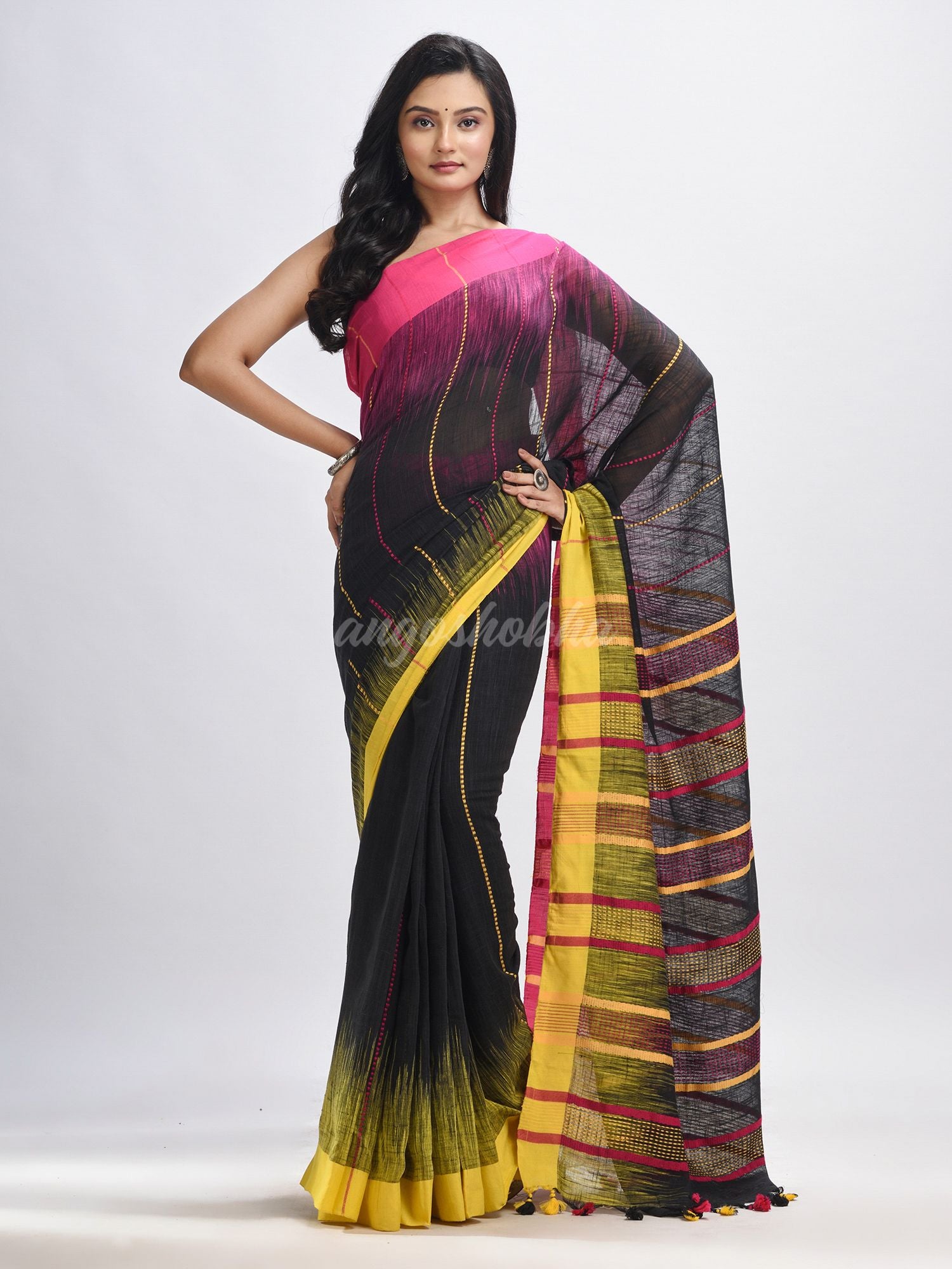 Black cotton tai dai with solid broder in multi colour pallu hondwaven saree