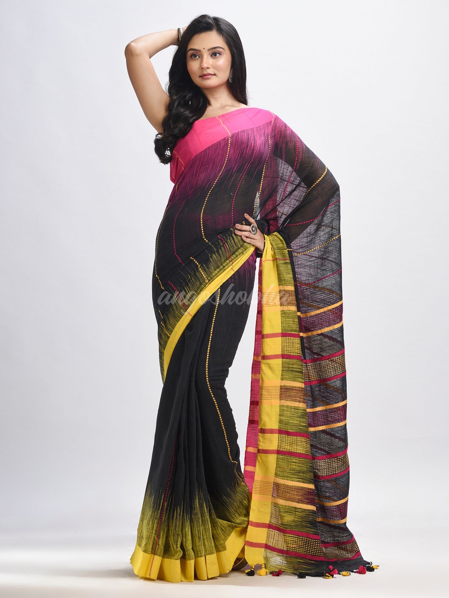 Black cotton tai dai with solid broder in multi colour pallu hondwaven saree