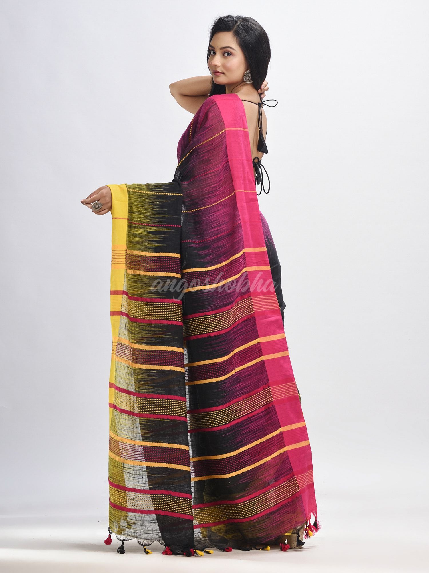 Black cotton tai dai with solid broder in multi colour pallu hondwaven saree