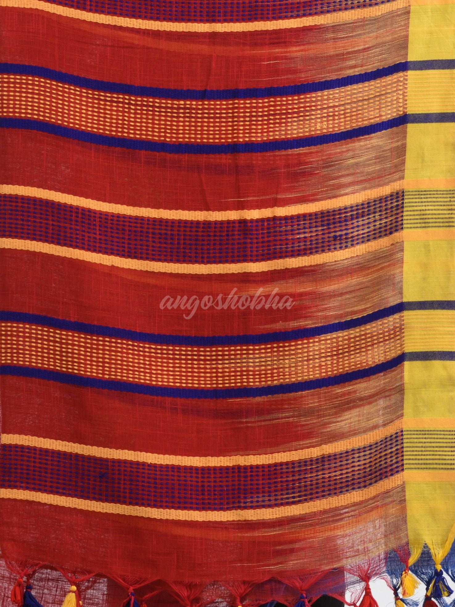 Red cotton tai dai with solid broder in multi colour pallu hondwaven saree