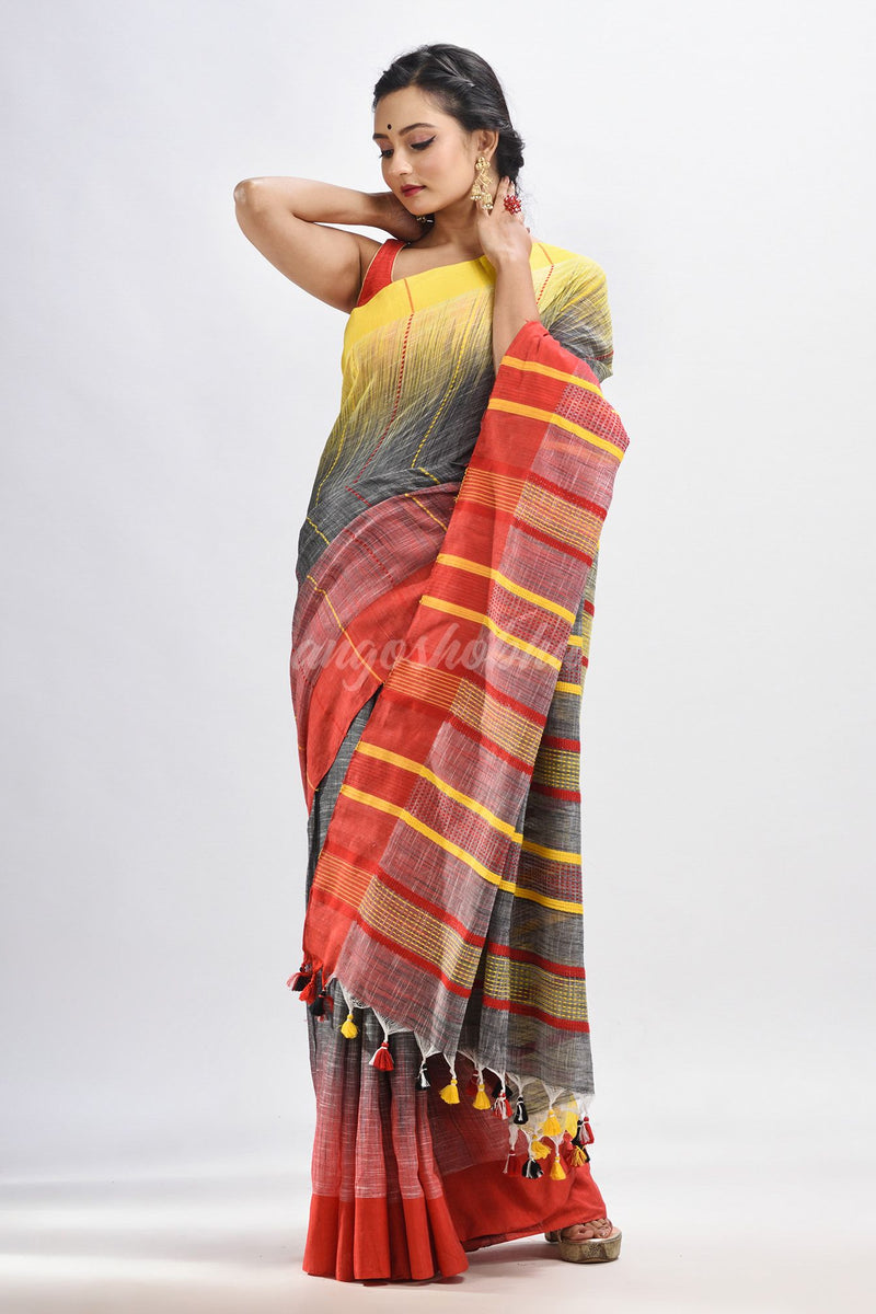 Grey cotton tai dai with solid broder in multi colour pallu hondwaven saree