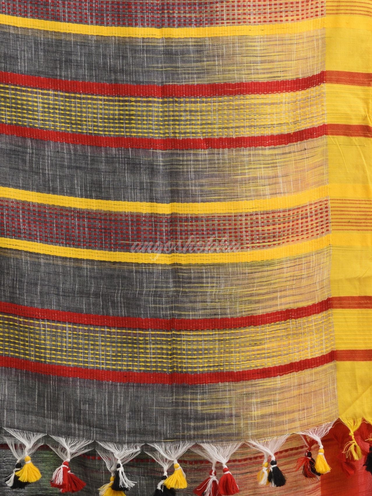 Grey cotton tai dai with solid broder in multi colour pallu hondwaven saree