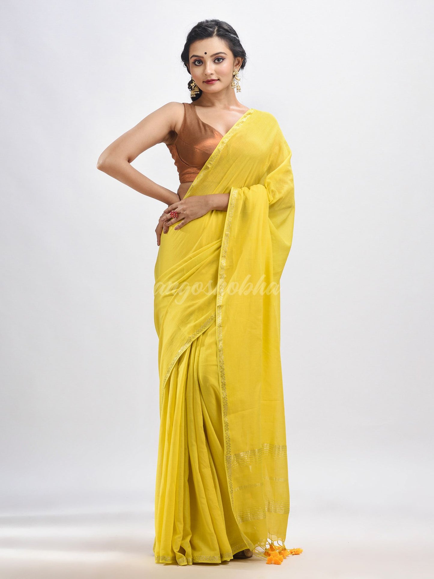 Yellow cotton with Jacquard Zari border and zari Stipe pallu handloom Saree