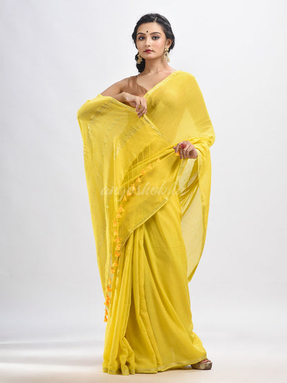 Yellow cotton with Jacquard Zari border and zari Stipe pallu handloom Saree