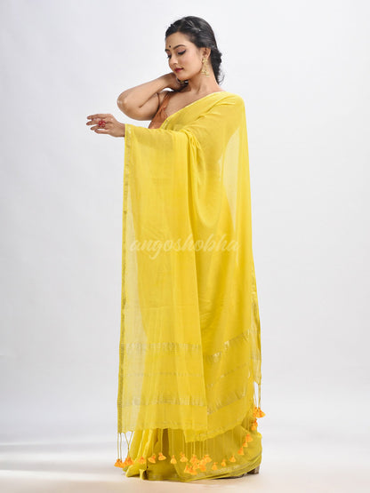 Yellow cotton with Jacquard Zari border and zari Stipe pallu handloom Saree