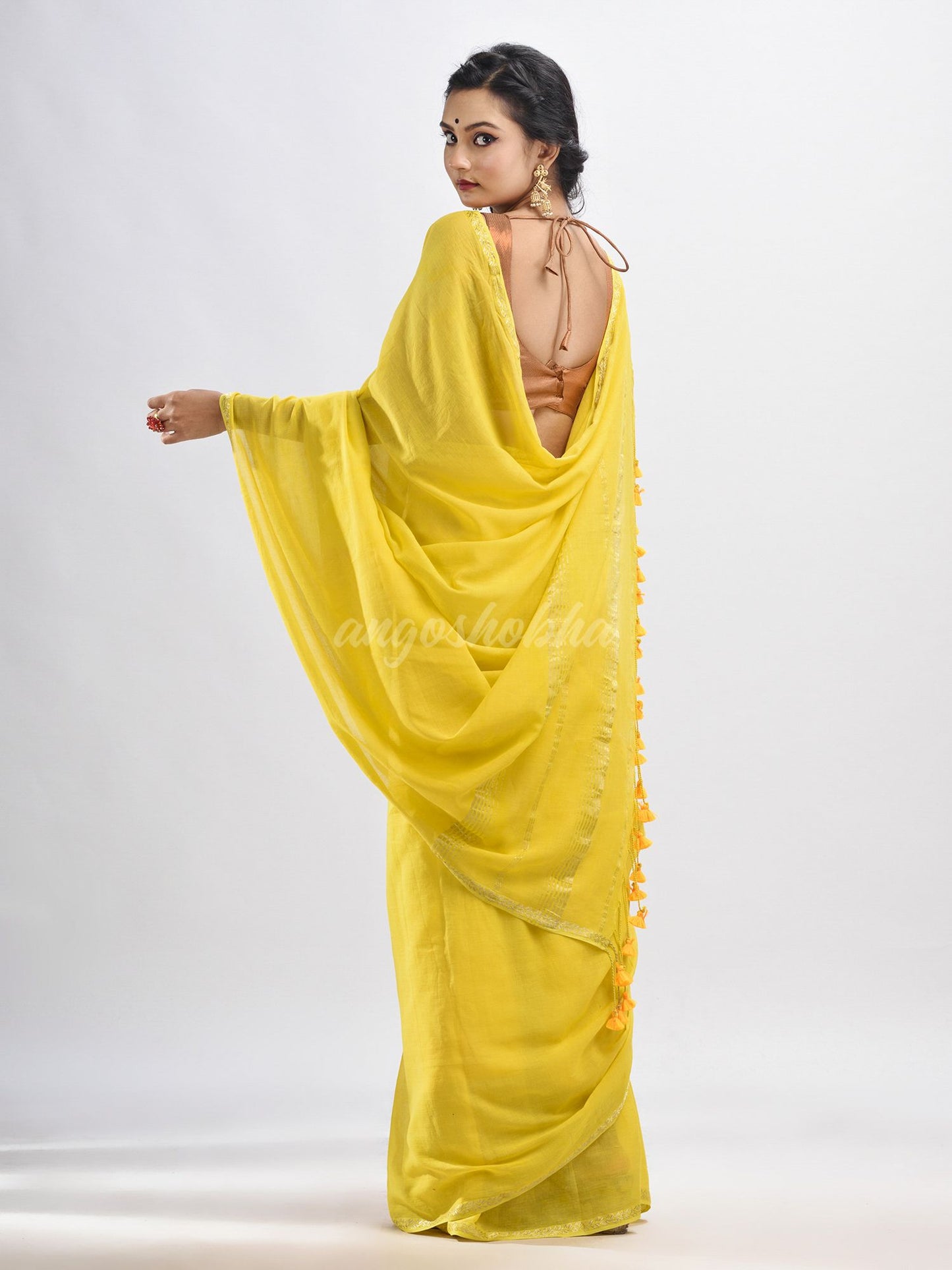 Yellow cotton with Jacquard Zari border and zari Stipe pallu handloom Saree