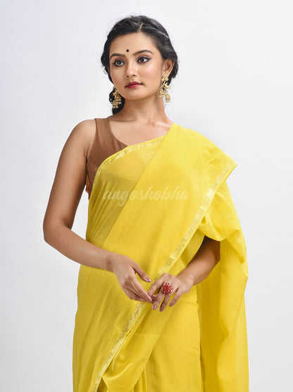 Yellow cotton with Jacquard Zari border and zari Stipe pallu handloom Saree