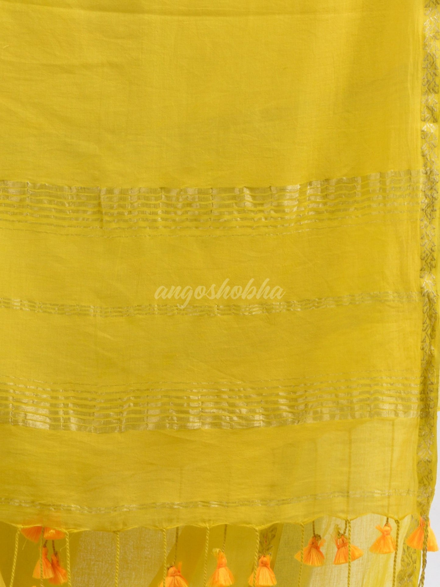 Yellow cotton with Jacquard Zari border and zari Stipe pallu handloom Saree